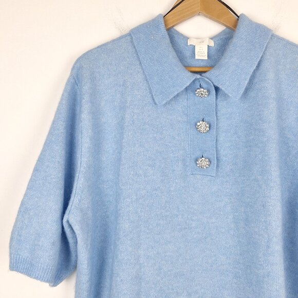 H&M Wool Blend Henley Sweater Size L. Sky Blue Oversized Rhinestone Button - Picture 2 of 15